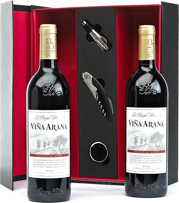 Estuche de Lujo con Vino Rioja Viña Arana Gran Reserva. Un regalo gourmet que incluye una botella de vino tinto y un set de 3 accesorios, con tarjeta personalizada.