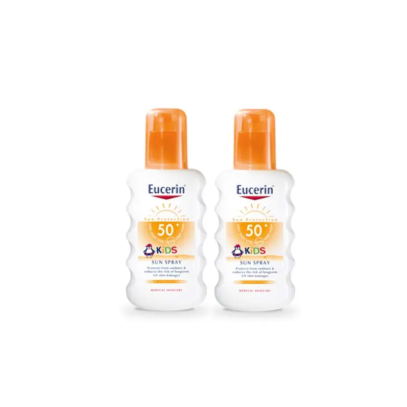 Eucerin Duplo Sun Spray Infantil SPF 50+, pack de 2x200 ml. Protector solar para niños con alta protección UVA/UVB, fórmula calmante y tecnología anti-manchas en la ropa.