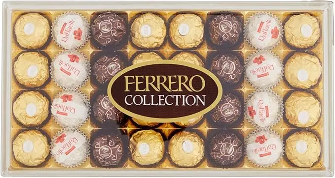 Ferrero Collection, caja de 32 bombones surtidos, 349 g. Disfruta de la experiencia única de Ferrero Rocher, Raffaello y Rondnoir, una selección perfecta para compartir y regalar.