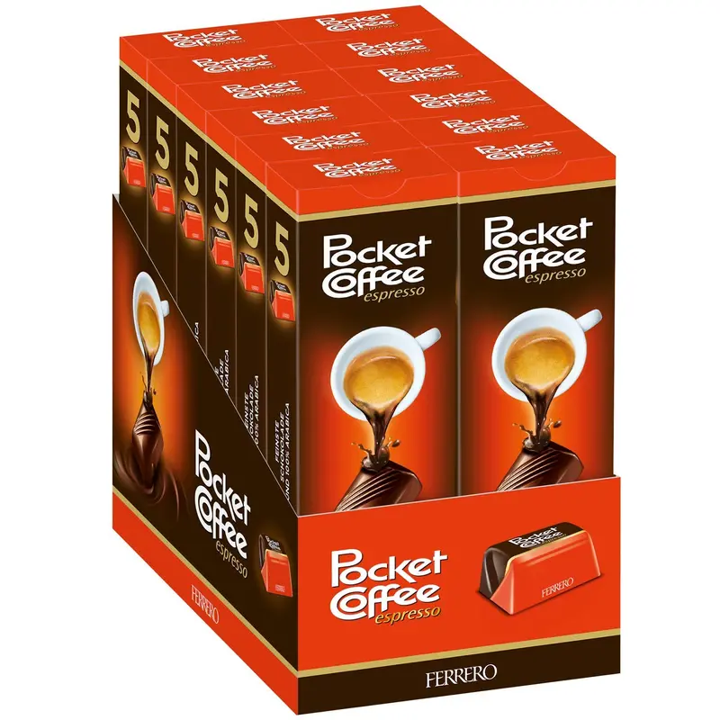 Ferrero Pocket Coffee, caja con 60 bombones en 12 paquetes de 5. El original espresso italiano recubierto de chocolate amargo, tu café de bolsillo para cualquier momento del día.