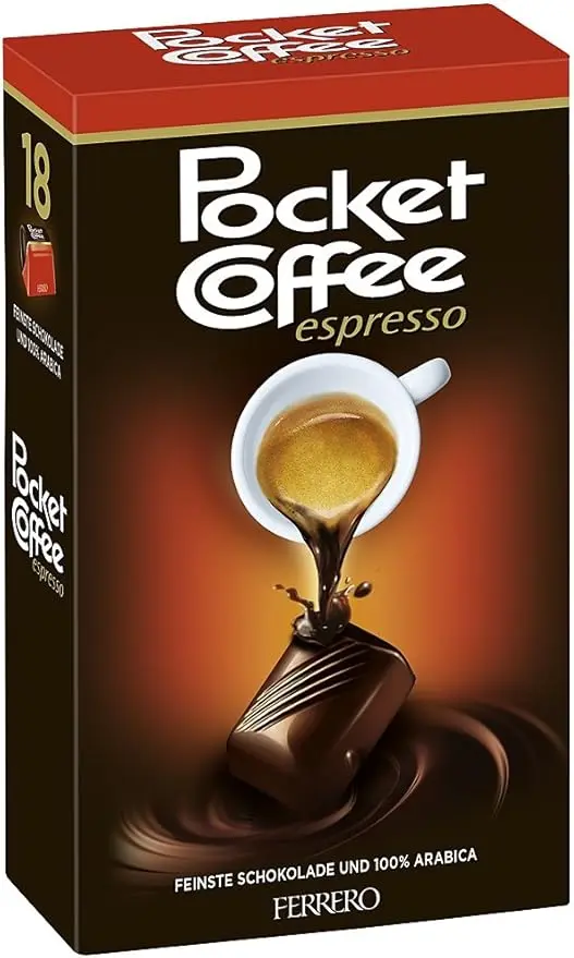 Ferrero Pocket Coffee Espresso, caja de 18 unidades (225g). El auténtico momento italiano para llevar, bombones de chocolate con un corazón de café Arábica líquido.