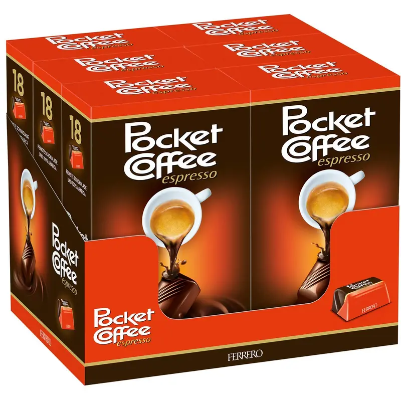 Ferrero Pocket Coffee, pack ahorro de 6 cajas de 18 bombones (6x225g). El praliné de chocolate y café espresso líquido ideal para tener siempre a mano o para grandes eventos.