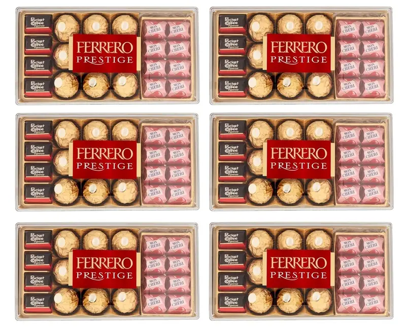 Ferrero Prestige Caja de Regalo, 21 Bombones Surtidos (246g). Incluye las especialidades Ferrero Rocher, Mon Chéri y Pocket Coffee para una experiencia de degustación variada y exquisita.