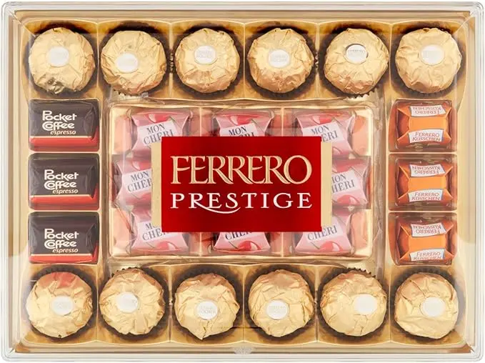 Ferrero Prestige, Caja Surtida de 4 Variedades de Bombones, 319g. Un regalo ideal para compartir, con Ferrero Rocher, Mon Chéri, Pocket Coffee y Ferrero Küsschen.