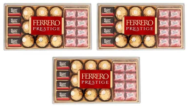 Ferrero Prestige, Surtido de 21 Bombones, 246g. Caja de regalo con las especialidades Ferrero Rocher, Mon Chéri con cereza y licor, y Pocket Coffee con café líquido 100% arábica.