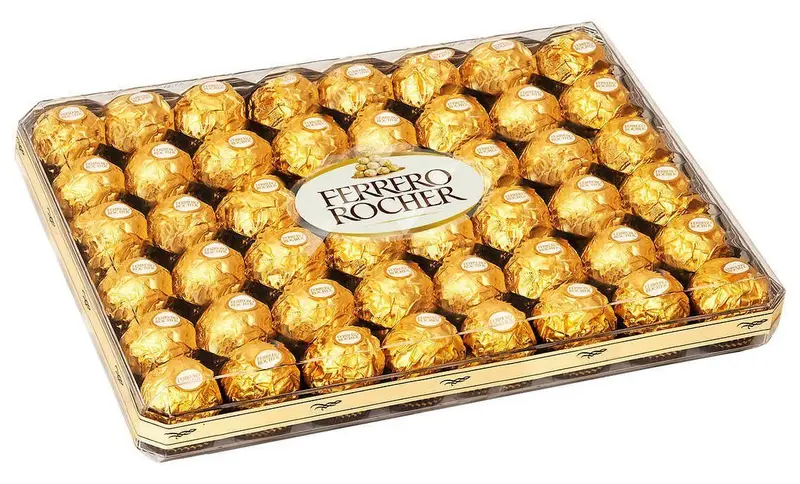 Ferrero Rocher, Bandeja Plana de 48 Bombones de Chocolate y Avellana. El formato perfecto para fiestas, eventos y catering, con una presentación ideal para servir y compartir.