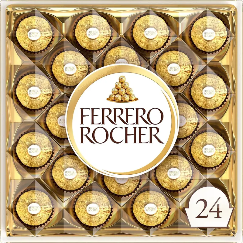 Ferrero Rocher Caja de 24 Bombones, 300g. El regalo icónico de praliné de chocolate y avellanas para celebrar cualquier ocasión especial con un sabor y elegancia inconfundibles.