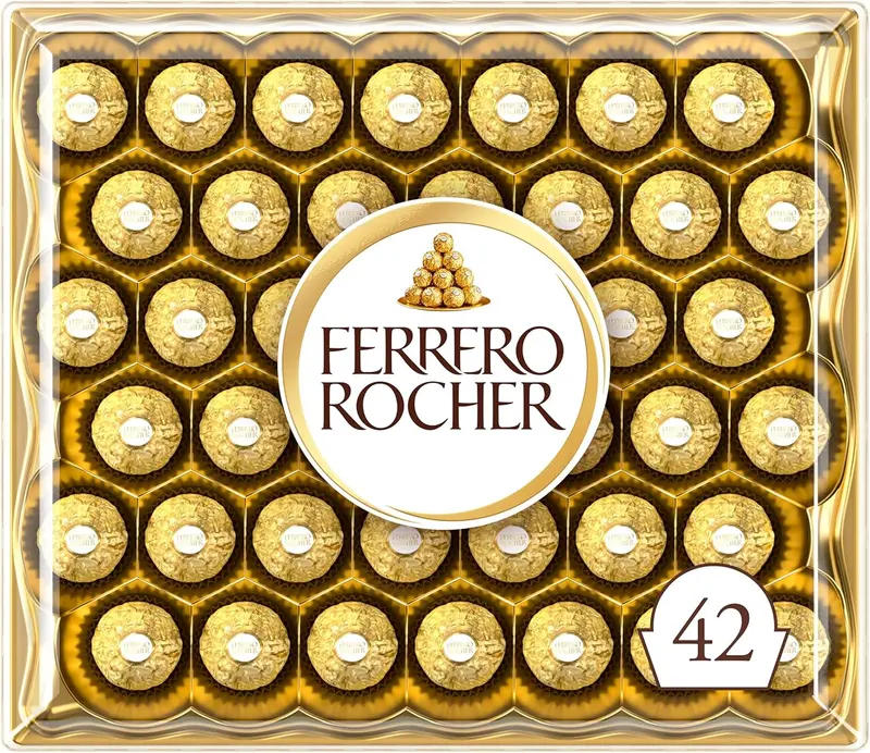 Ferrero Rocher, Caja de Regalo Grande con 42 Bombones de Chocolate y Avellanas (525g). El formato ideal para grandes celebraciones y los regalos más especiales y generosos.