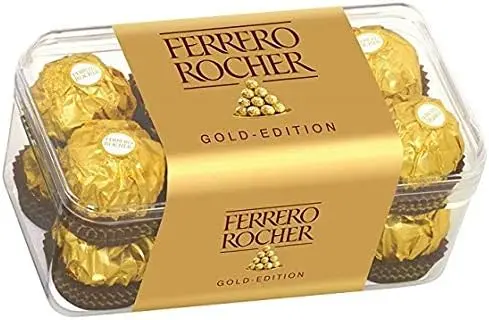 Ferrero Rocher Gold Edition, Caja de 16 Bombones de Chocolate con Leche y Avellanas (200g). Una presentación exclusiva para el regalo más especial, con el sabor clásico e inconfundible.