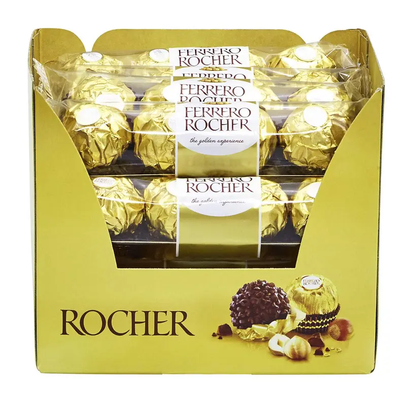 Ferrero Rocher, pack de 4 Bombones, 50g. El formato individual para disfrutar de un capricho dorado en cualquier momento y lugar, con su inconfundible sabor a chocolate y avellanas.