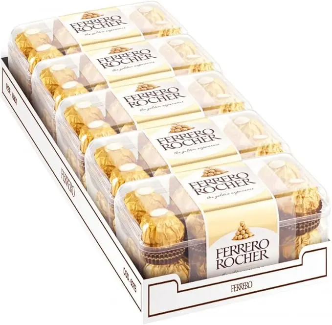 Ferrero Rocher Pack de 5 Cajas de 16 Bombones (80 Unidades, 1kg). El formato definitivo para grandes eventos, oficinas o para los auténticos devotos del bombón dorado.