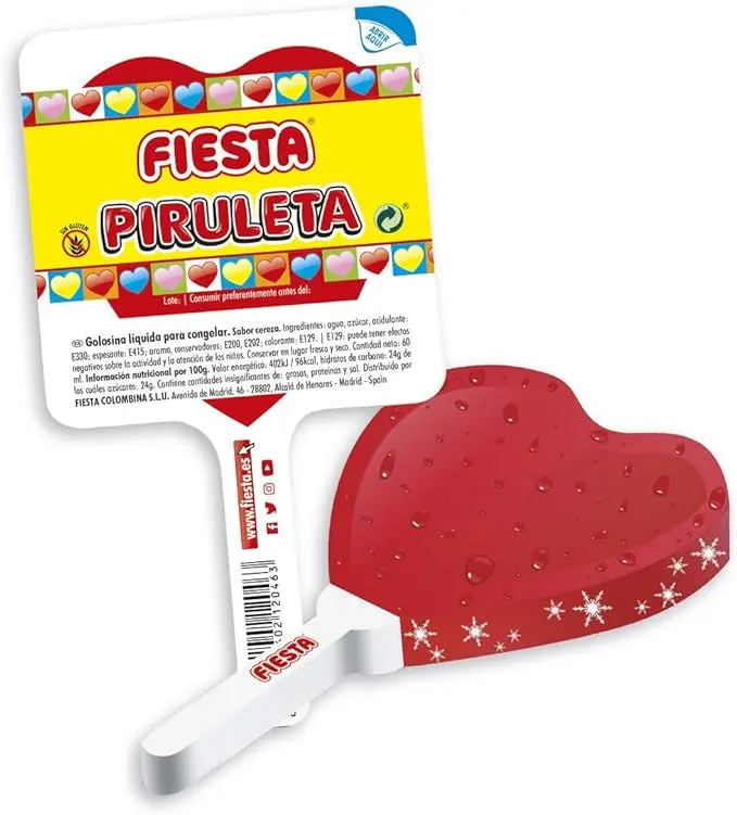 FIESTA Piruleta Helada, Caja de 30 Polos para Congelar Sabor Cereza. Disfruta del mítico sabor de la piruleta del corazón en su versión más refrescante. Sin gluten y apto para veganos.