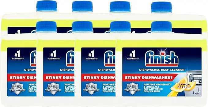 Finish Limpiamáquinas con Aroma a Limón, Mega Pack de 8 x 250ml. La solución definitiva para un mantenimiento de 2 años, eliminando grasa y cal y dejando un frescor duradero.