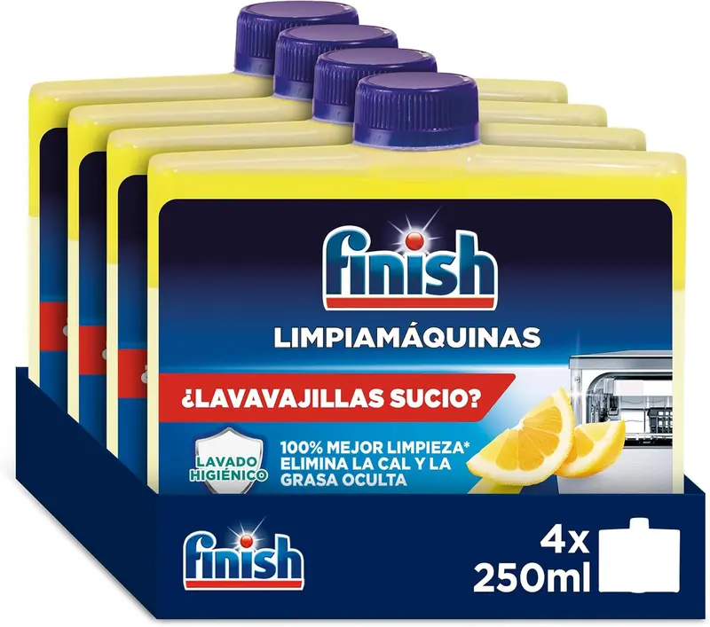 Finish Limpiamáquinas con Aroma a Limón, Pack de 4 x 250ml. Limpieza higiénica para tu lavavajillas que elimina la cal y la grasa oculta, dejando un refrescante perfume cítrico.