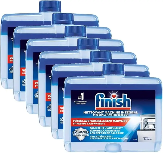 Finish Limpiamáquinas Integral para Lavavajillas, Lote de 6 x 250ml. Fórmula bifásica que disuelve la grasa y elimina la cal de las partes internas para un mantenimiento completo.