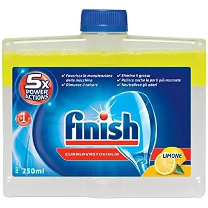 Finish Limpiamáquinas Líquido con Aroma a Limón, Pack de 1 x 250ml. Mantenimiento para 3 meses que elimina la cal y la grasa oculta, dejando un lavavajillas limpio y fresco.