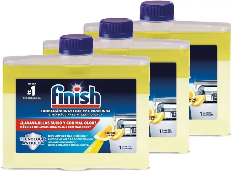 Finish Limpiamáquinas Líquido con Aroma a Limón, Pack de 3 x 250ml. Mantenimiento para 9 meses que elimina la cal y la grasa oculta, dejando un lavavajillas limpio y fresco.