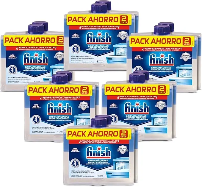 Finish Limpiamáquinas para Lavavajillas, Pack de 12 x 250ml. Elimina la cal, la grasa y el mal olor de las partes ocultas del lavaplatos para un funcionamiento y limpieza óptimos.