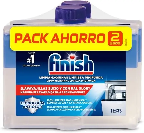 Finish Limpiamáquinas para Lavavajillas, Pack de 2 x 250ml. Elimina la cal, la grasa y el mal olor de las partes ocultas del lavaplatos para un funcionamiento y limpieza óptimos.