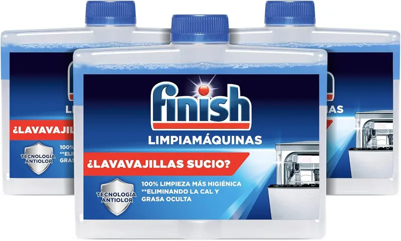 Finish Limpiamáquinas para Lavavajillas, Pack de 3 x 250ml. Elimina la cal, la grasa y el mal olor de las partes ocultas del lavaplatos para un funcionamiento y limpieza óptimos.