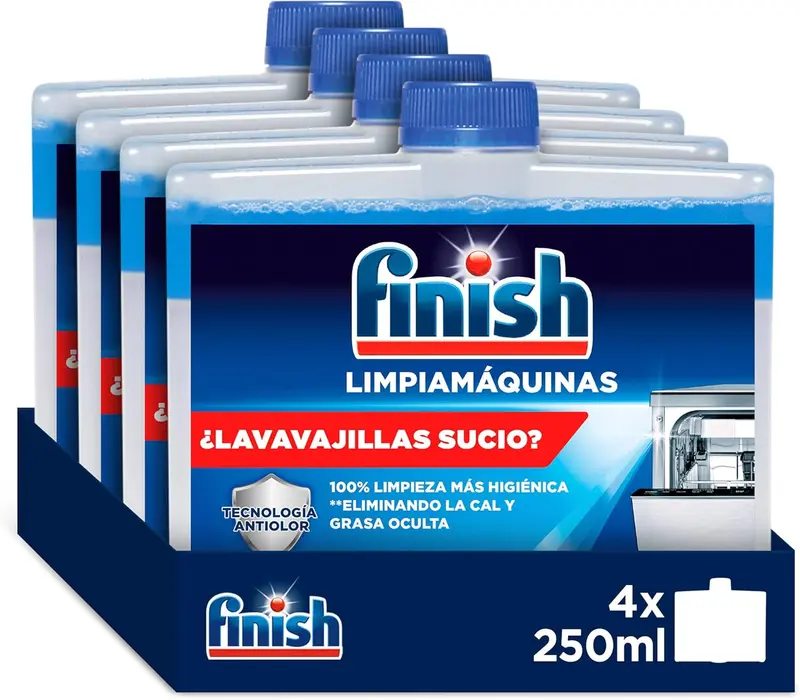 Finish Limpiamáquinas para Lavavajillas, Pack de 4 x 250ml. Elimina la cal, la grasa y el mal olor de las partes ocultas del lavaplatos para un funcionamiento y limpieza óptimos.