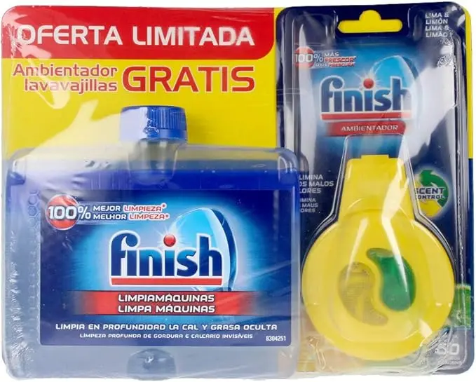 Finish Pack Cuidado Total para Lavavajillas, incluye 1 Limpiamáquinas de 250ml y 1 Ambientador. La solución 2 en 1 para una limpieza profunda y un frescor diario contra el mal olor.