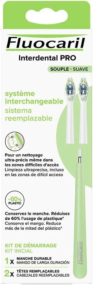 Fluocaril Interdental PRO, Cepillo de Dientes con Mango Reutilizable y 2 Cabezales Suaves. Un sistema de cepillado ecológico y de alta precisión que reduce el plástico y mejora tu higiene.