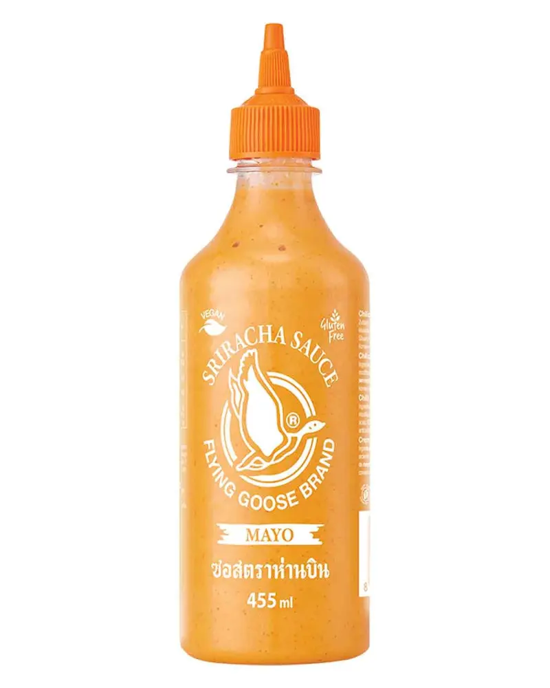 Flying Goose Sriracha Mayo, Mayonesa Picante Suave, 455ml. La fusión perfecta de la cremosidad de la mayonesa con el toque picante de la auténtica salsa Sriracha tailandesa.