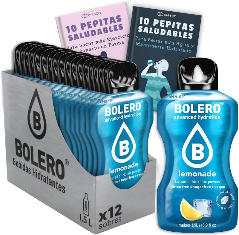 Formato práctico de 12 sobres de Bebida Bolero sabor Limonada. La forma más fácil de disfrutar de una hidratación deliciosa, sin azúcar y con 20 Pepitas Saludables de Cia&Co.