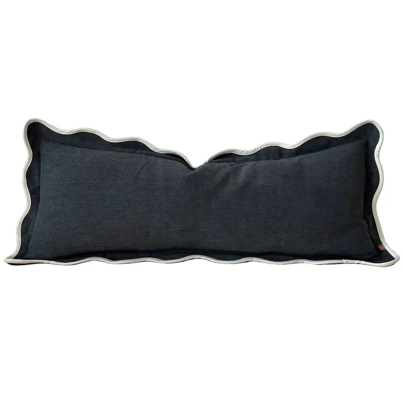 Funda de almohadón/cojín cilíndrico azul marino con borde festoneado