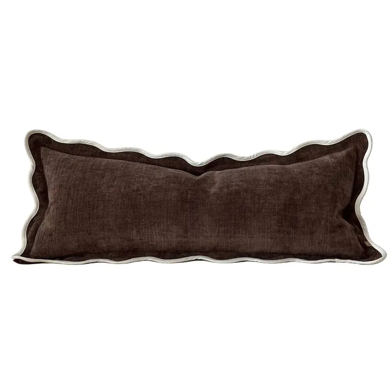 Funda de almohadón/cojín cilíndrico marrón con borde festoneado