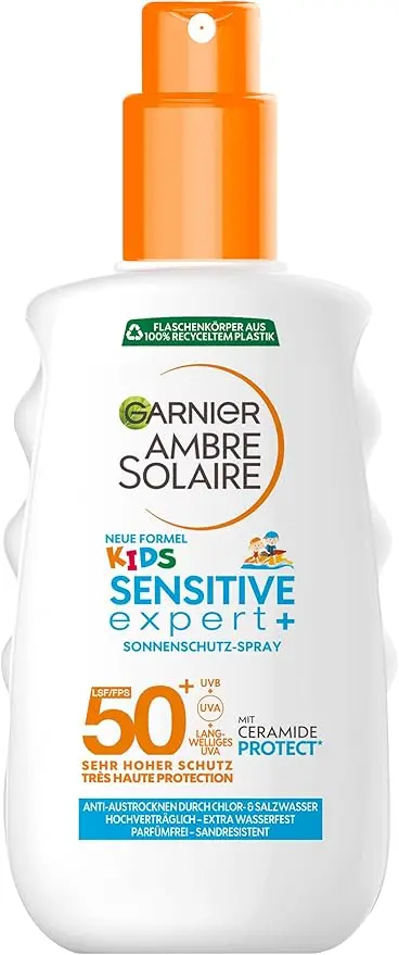 Garnier Ambre Solaire Kids Sensitive Expert+ Spray Protector Solar para Niños SPF 50+, 150 ml. Impermeable, resistente a la arena e ideal para la piel sensible infantil.