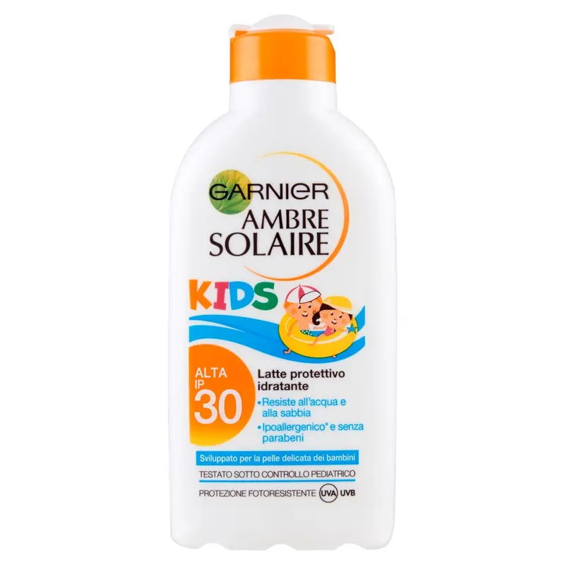 Garnier Ambre Solaire Leche Solar para Niños SPF 30, 200 ml. Alta Protección Hidratante, resistente al agua y suave para la piel delicada de los más pequeños.