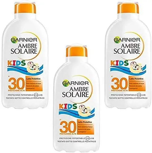 Garnier Ambre Solaire Niños Leche Protectora Solar SPF 30, Pack de 3 (3x200ml). Alta Protección Hidratante y Resistente al Agua para la Piel Delicada de los Niños.