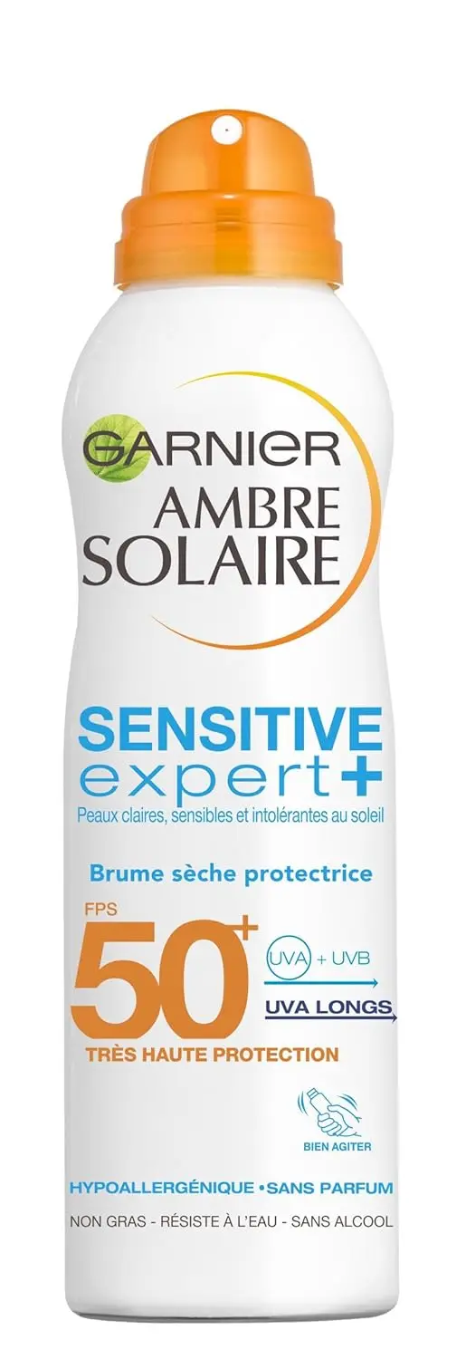 Garnier Ambre Solaire Sensitive Expert+ Bruma Seca Protectora FPS 50+, 200 ml. Protección solar muy alta con tacto seco, 0% grasa y alcohol, hipoalergénica e hidratante.