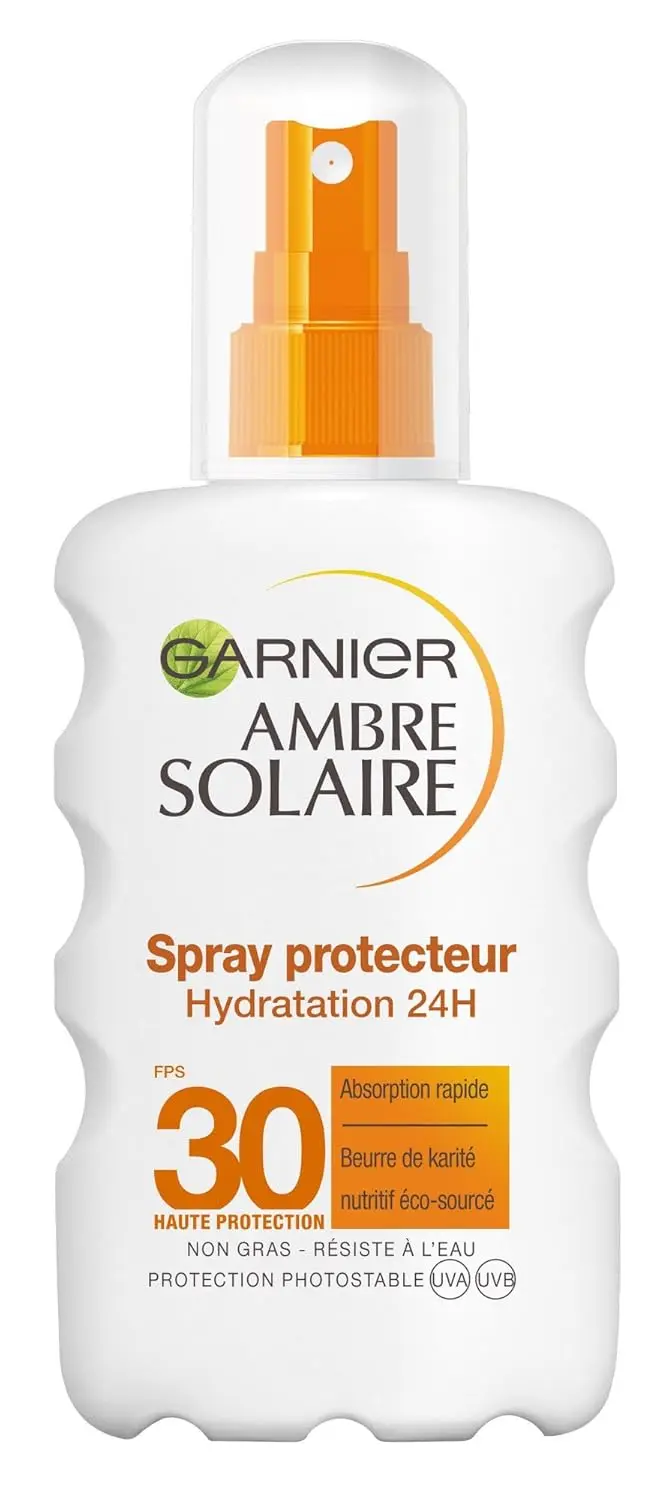 Garnier Ambre Solaire Spray Protector Hidratación 24h FPS 30, 200 ml. Alta protección UVA/UVB con Manteca de Karité nutritiva para una piel suave, sedosa e hidratada.