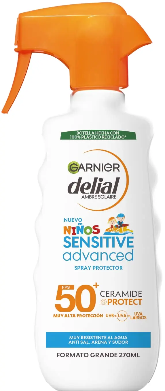 Garnier Delial Niños Sensitive Advanced, Protector Solar en Pistola Spray FPS 50+, 270ml. Muy alta protección para la piel sensible de los niños, muy resistente al agua, arena, sal y cloro.