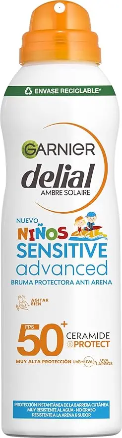 Garnier Delial Niños Sensitive Advanced Spray Anti-Arena IP50+, 150 ml. Muy alta protección para pieles sensibles que se puede aplicar sobre piel mojada y repele la arena.