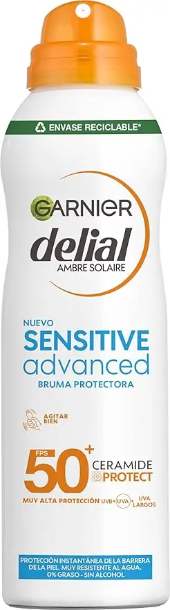 Garnier Delial Sensitive Advanced Bruma Protectora Solar FPS 50+, 150 ml. Muy alta protección con tacto seco 0% graso para pieles claras, sensibles e intolerantes al sol.