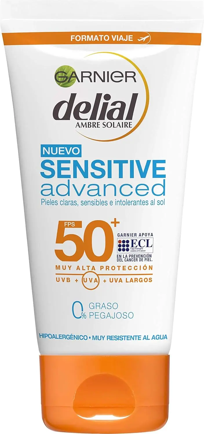 Garnier Delial Sensitive Advanced Leche Solar IP50+, 50 ml. Protector de muy alta protección para pieles claras, sensibles e intolerantes al sol en un práctico formato de viaje.