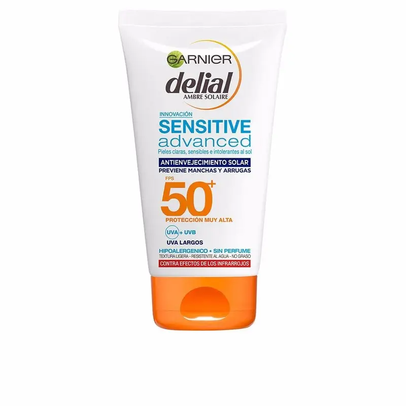 Garnier Delial Sensitive Advanced Protector Solar Facial UV Gel Hidratante IP50+, 100 ml. Crema antiedad y antimanchas con ácido hialurónico y vitamina E para rostro y escote.