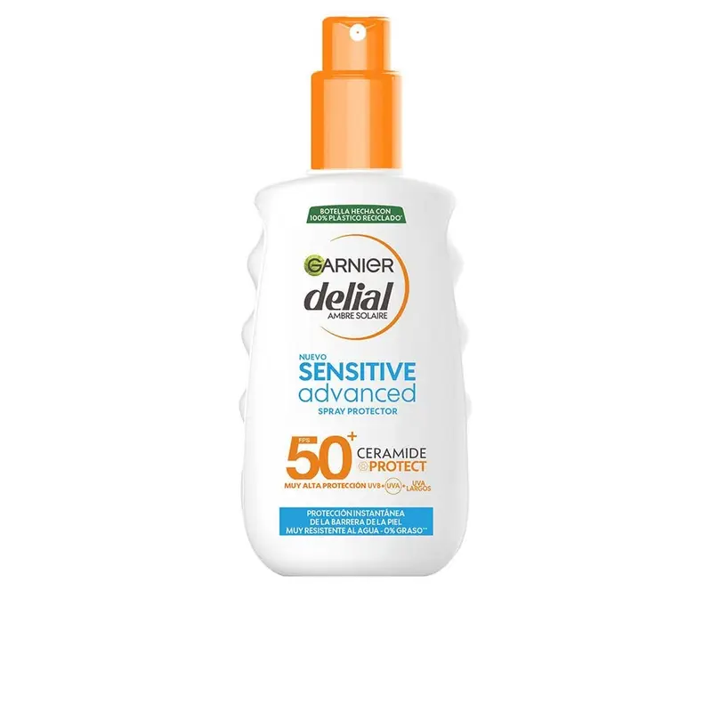 Garnier Delial Sensitive Advanced Spray Protector Solar FPS 50+, 200 ml. Muy alta protección para pieles claras y sensibles, 0% graso y 0% pegajoso, resistente al agua.