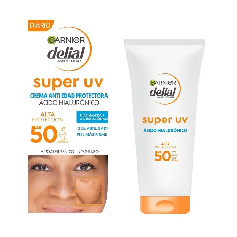 Garnier Delial Super UV Crema Antiedad Protectora Facial SPF 50+, 50 ml. Con Niacinamida y Ácido Hialurónico para reducir arrugas y proteger rostro y escote.