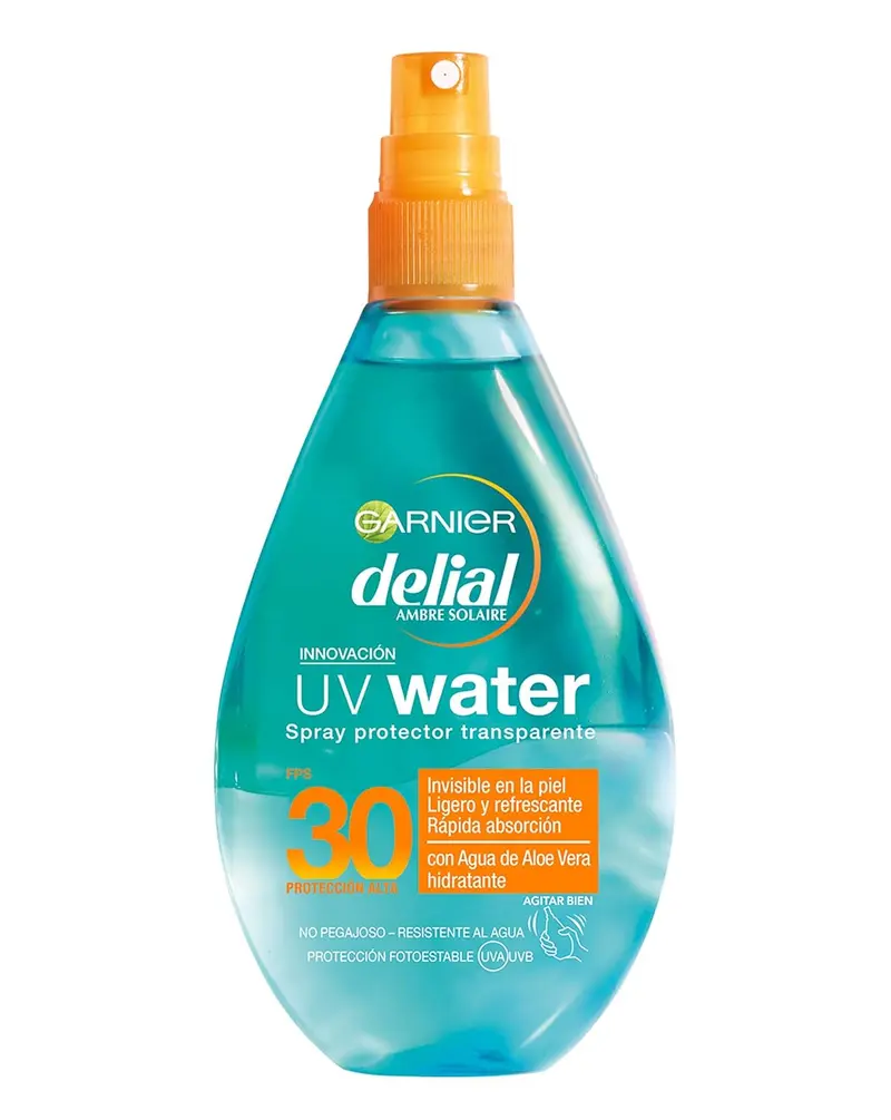 Garnier Delial UV Water Spray Protector Solar Transparente IP30, 150 ml. Bruma bifásica de alta protección para cuerpo y rostro con Aloe Vera ecológico que hidrata 8h.