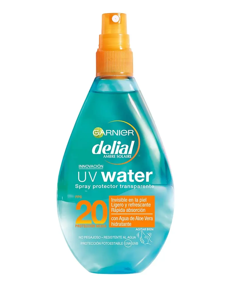 Garnier Delial UV Water Spray Solar Transparente SPF20, 150 ml. Protector bifásico con Aloe Vera para rostro y cuerpo que protege, refresca e hidrata la piel al instante.