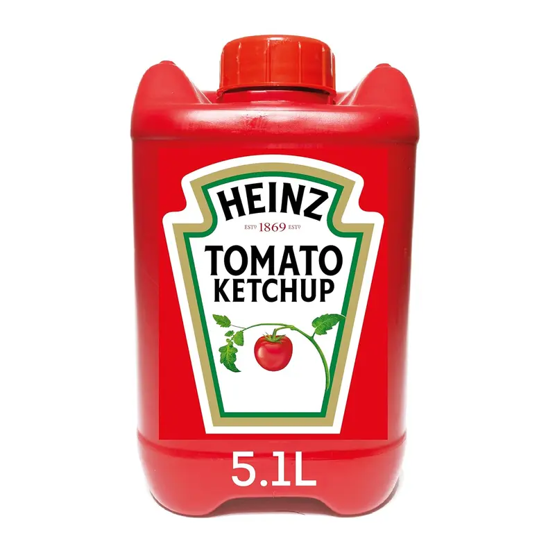 Garrafa de Ketchup Heinz de 5,7 Kg. El formato maxi ahorro para hostelería y grandes consumidores, con la receta original llena de tomates y sin conservantes artificiales.