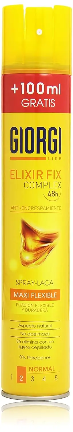 Giorgi Line Laca Elixir Fix, Fijación Flexible (300ml). Consigue un peinado con movimiento natural y un acabado perfecto durante todo el día gracias a su fórmula anti-encrespamiento.