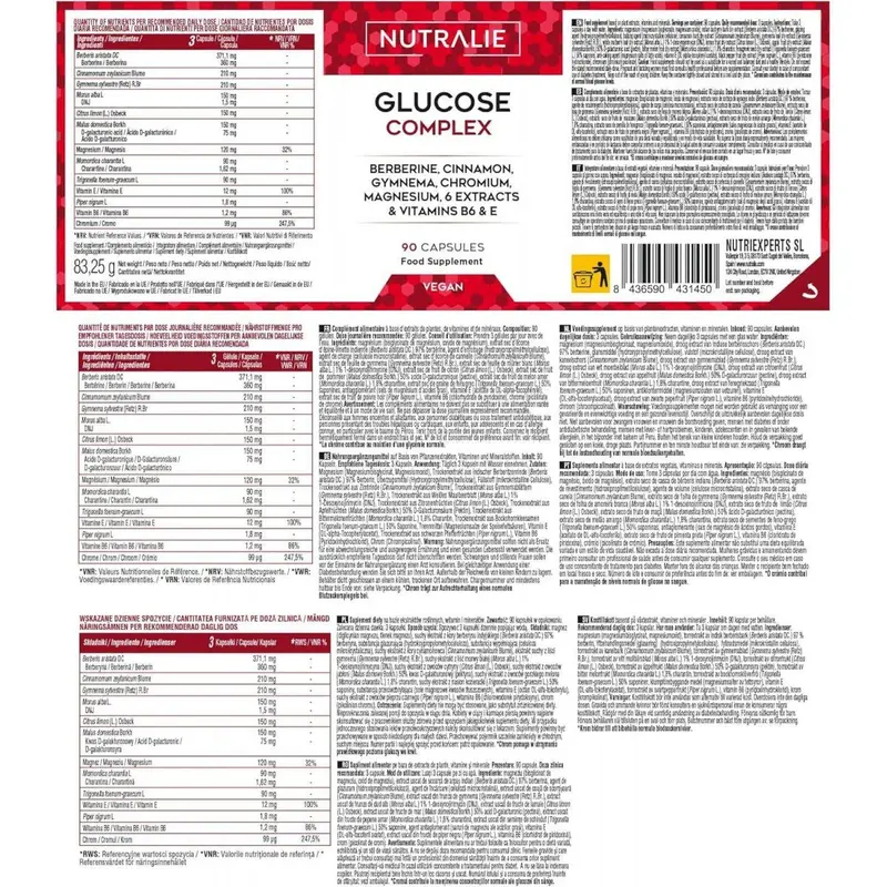 Glucosa complex con berberina, cromo y canela - 90 cápsulas - Nutralie