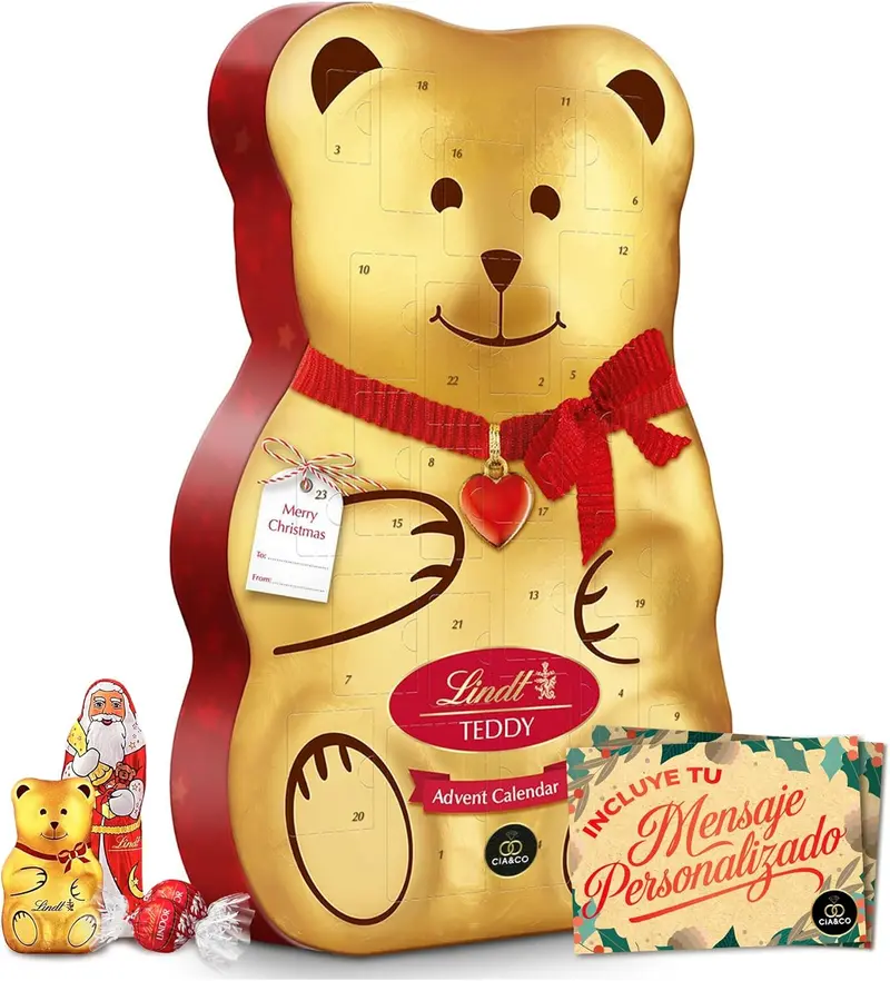 Gran Calendario de Adviento OSO TEDDY LINDT 2025 · Gran Formato 310 g · Incluye Tarjeta Personalizada Navidad Cia&Co · Surtido de Bombones y Figuras de Chocolate con Leche Lindt · Regalo Premium