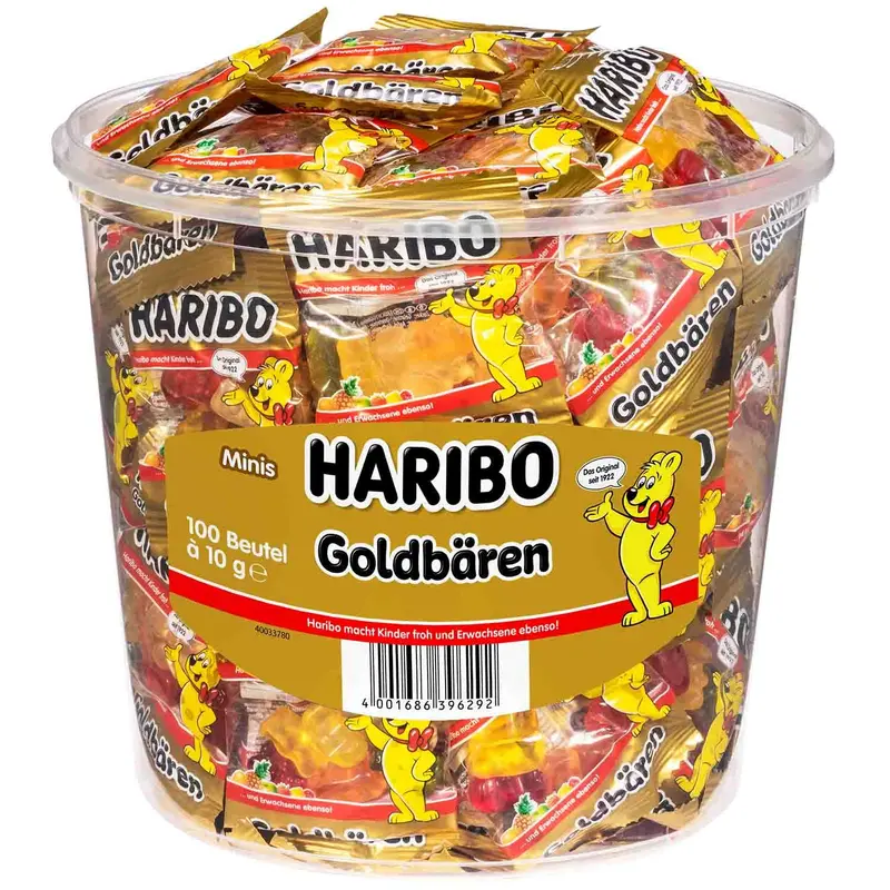 Haribo Ositos de Oro, Bote de 100 Mini Bolsitas (1kg). El formato perfecto para tener en casa y disfrutar en cualquier momento de tus gominolas favoritas, siempre frescas y en cómodas raciones.